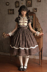 Robe Lolita Princesse Élégante Douce avec Nœud à Volants Imprimé Ballon à Air Chaud Moro Marron Version Longue